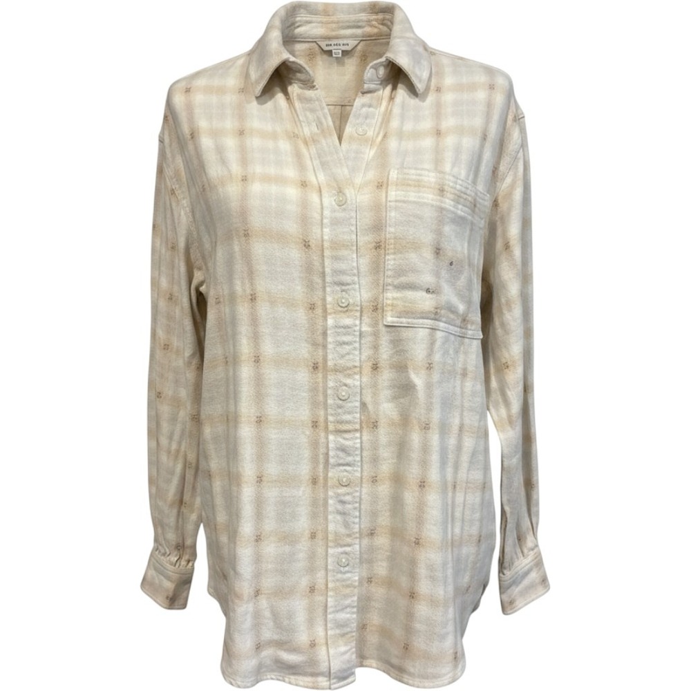 Aerie soft cream plaid oversized flannel button down shirt Small NEW